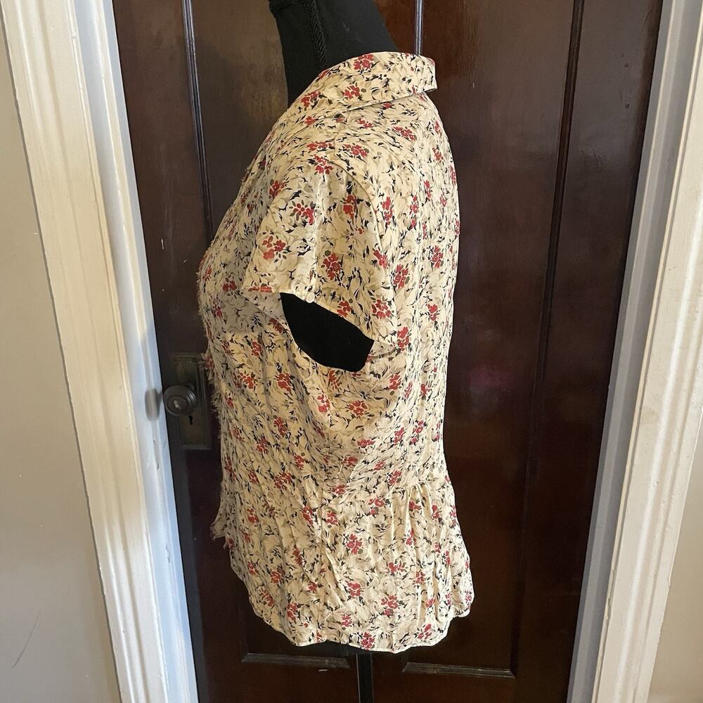 NINE WEST Nude Black 100% Silk Floral Button Up Top Short Sleeve Womens 14 - Picture 9 of 10